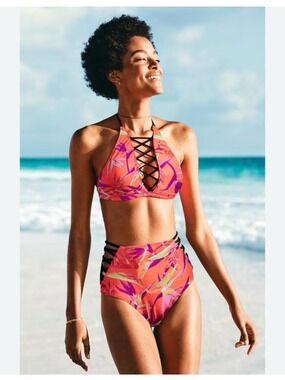PINK Victorias Secret Tropical Floral High-Neck Crisscross Halter Bikini Set